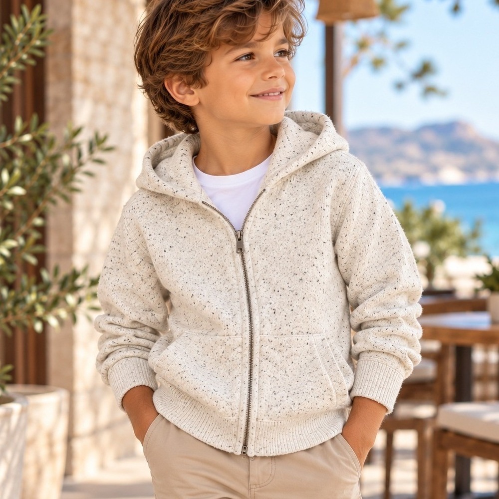 Lands End Boys Kids S/P 100% Cashmere Full Zip Hoodie Speckled Cream Sweater